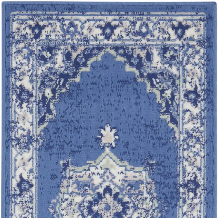 8' Ivory Navy Blue and Beige Floral Medallion Distressed Non Skid Runner Rug