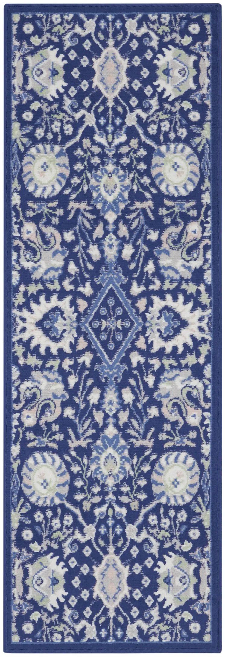 8' Navy Blue Ivory and Beige Floral Distressed Non Skid Runner Rug