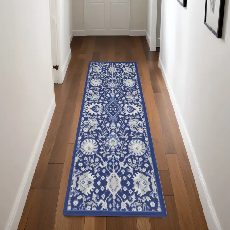 8' Navy Blue Ivory and Beige Floral Distressed Non Skid Runner Rug
