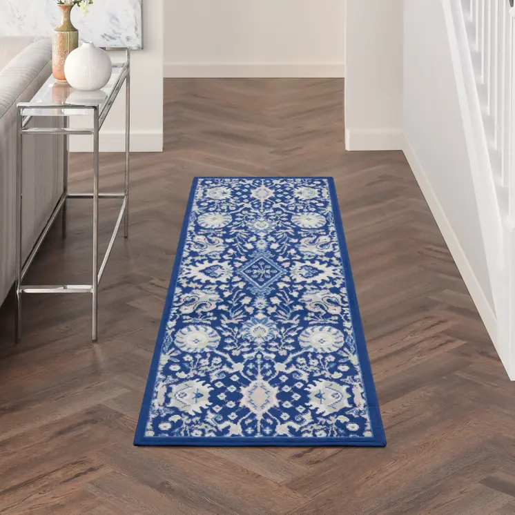 8' Navy Blue Ivory and Beige Floral Distressed Non Skid Runner Rug