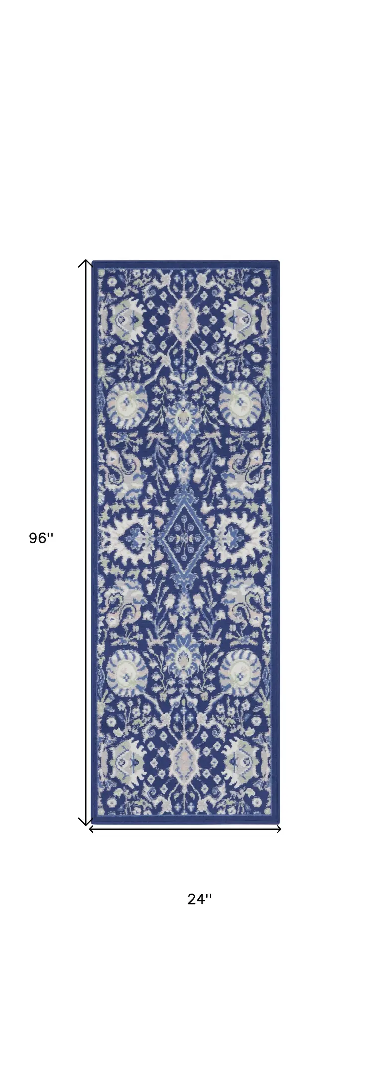 8' Navy Blue Ivory and Beige Floral Distressed Non Skid Runner Rug