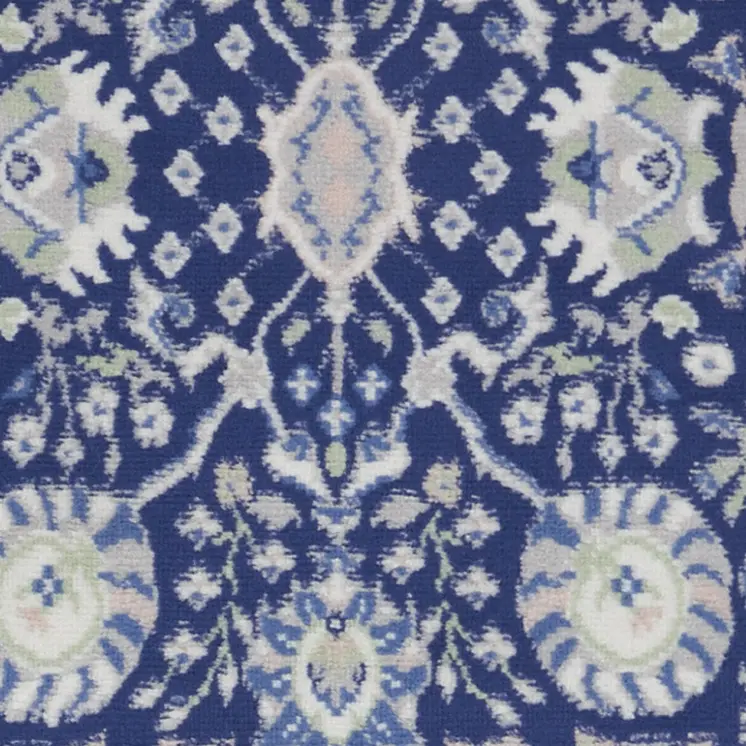 8' Navy Blue Ivory and Beige Floral Distressed Non Skid Runner Rug