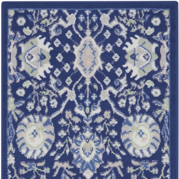8' Navy Blue Ivory and Beige Floral Distressed Non Skid Runner Rug