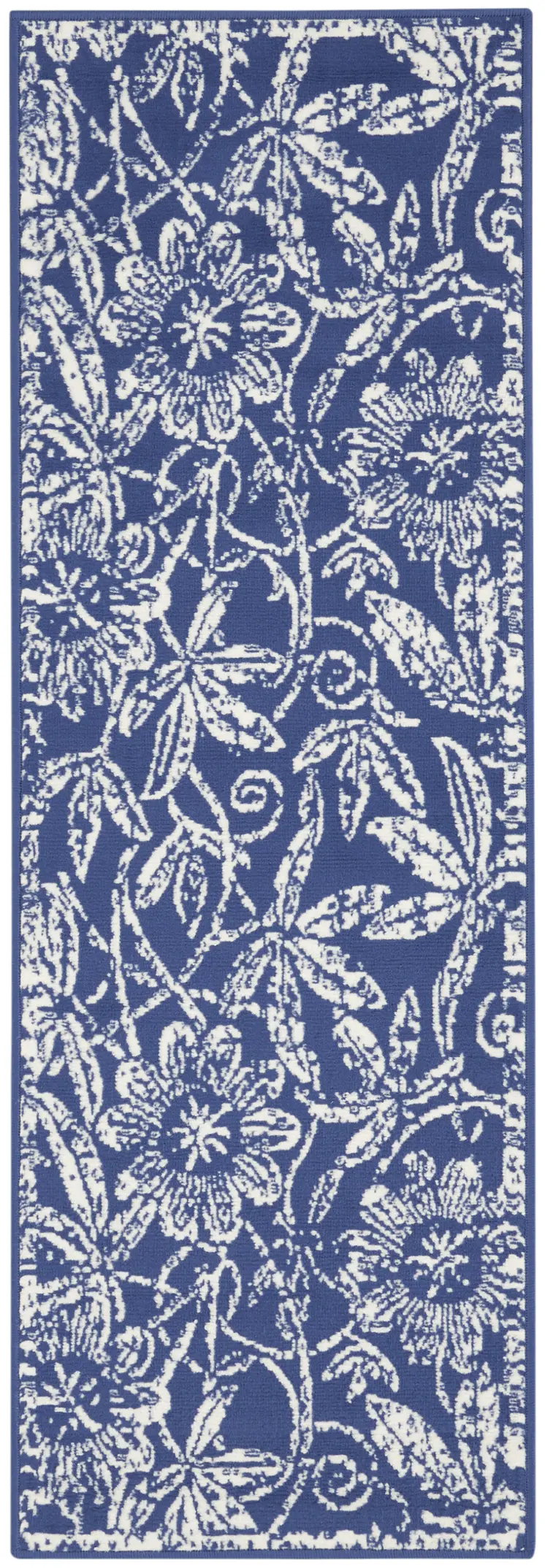 8' Ivory and Navy Blue Floral Distressed Non Skid Runner Rug