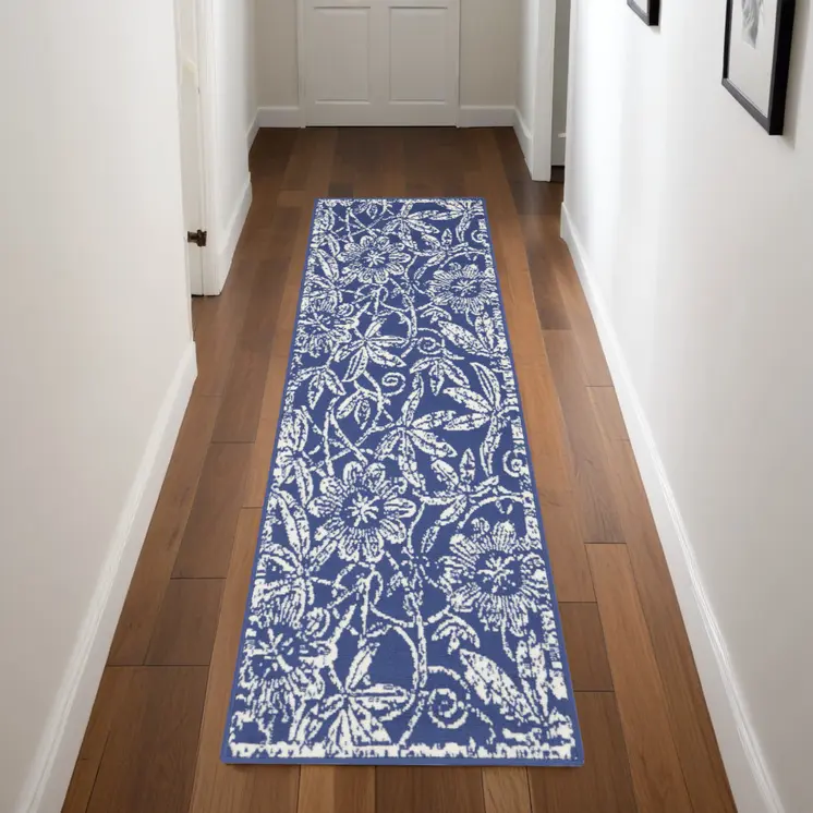 8' Ivory and Navy Blue Floral Distressed Non Skid Runner Rug