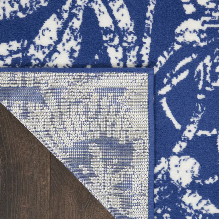 8' Ivory and Navy Blue Floral Distressed Non Skid Runner Rug