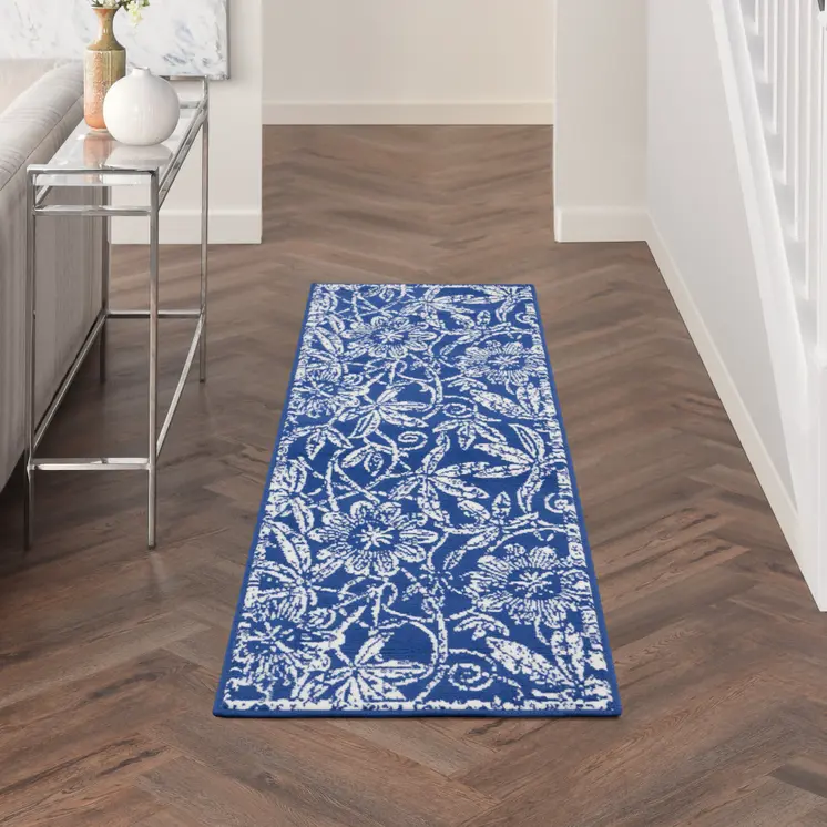 8' Ivory and Navy Blue Floral Distressed Non Skid Runner Rug