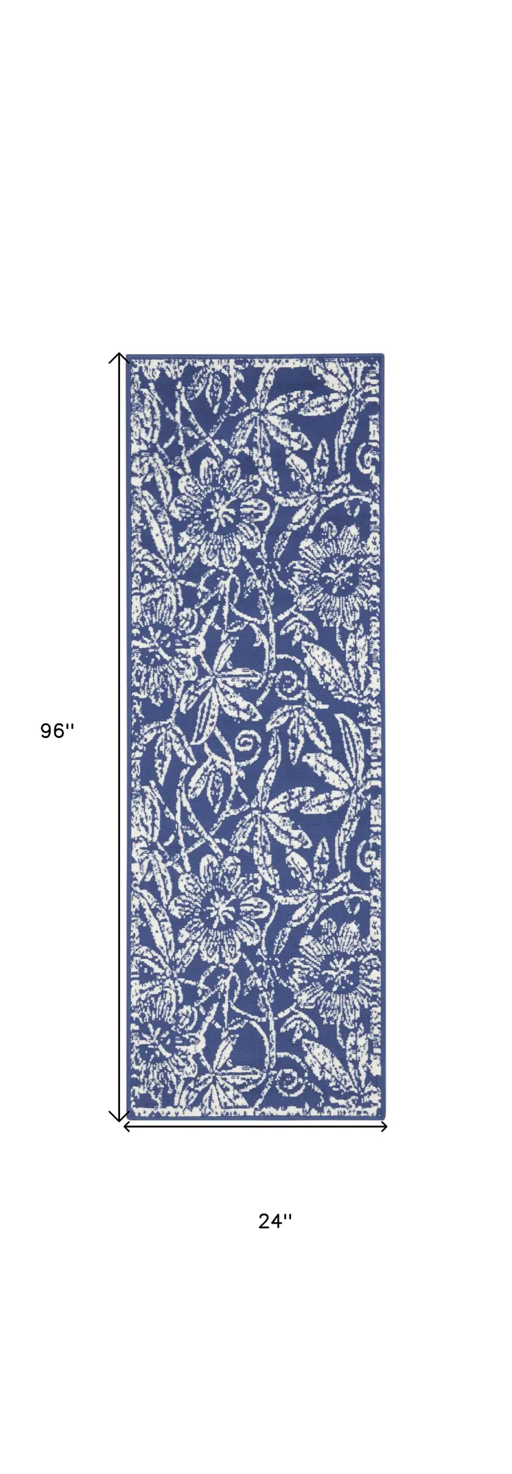 8' Ivory and Navy Blue Floral Distressed Non Skid Runner Rug