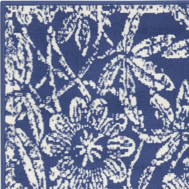 8' Ivory and Navy Blue Floral Distressed Non Skid Runner Rug