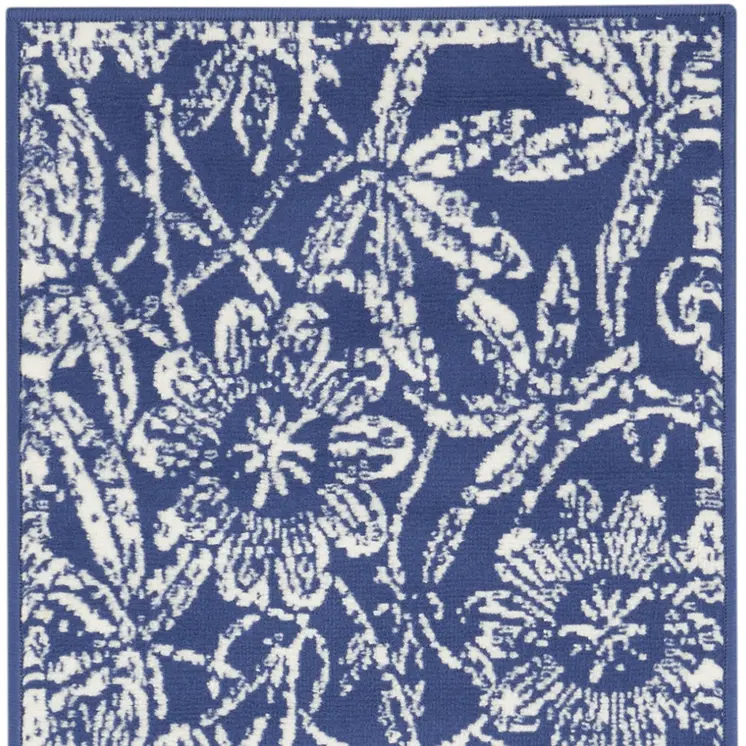 8' Ivory and Navy Blue Floral Distressed Non Skid Runner Rug