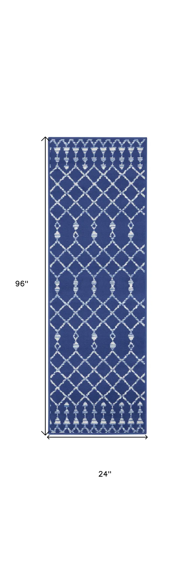 8' Navy Blue and Ivory Moroccan Distressed Non Skid Runner Rug