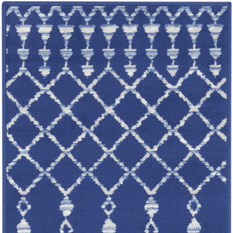 8' Navy Blue and Ivory Moroccan Distressed Non Skid Runner Rug