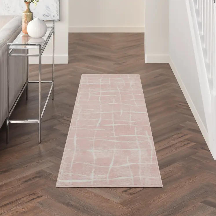 8' Pink and Ivory Abstract Distressed Non Skid Runner Rug