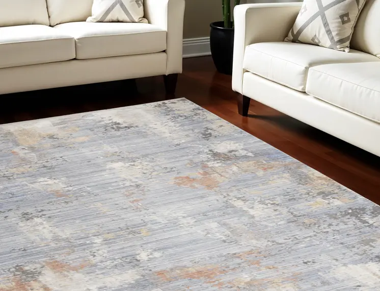 8' X 10' Slate Blue Abstract Area Rug With Fringe