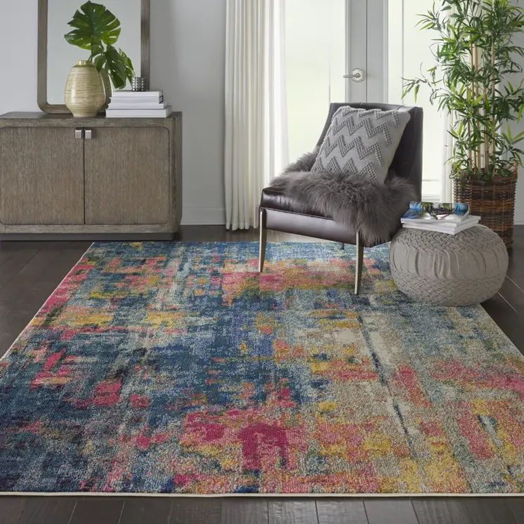 7' X 10' Blue and Yellow Abstract Power Loom Area Rug