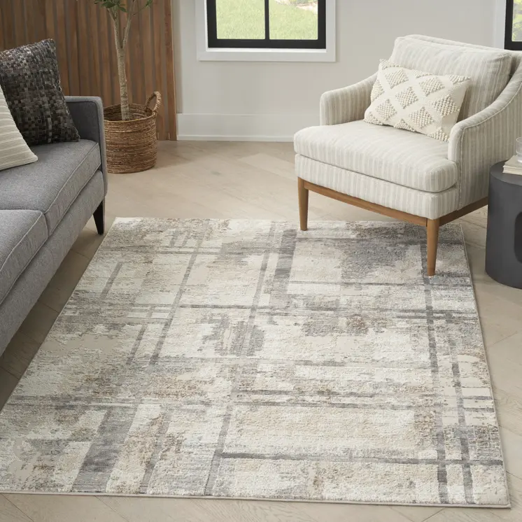 6' X 9' Ivory Black and Gray Abstract Non Skid Area Rug