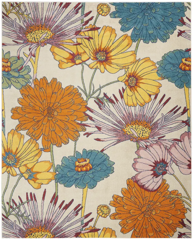 8' X 10' Ivory Blue and Orange Floral Power Loom Area Rug