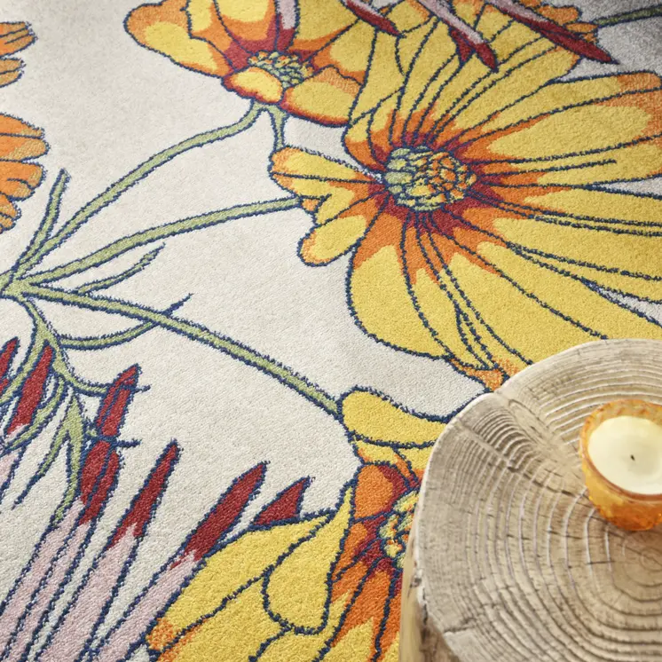 8' X 10' Ivory Blue and Orange Floral Power Loom Area Rug