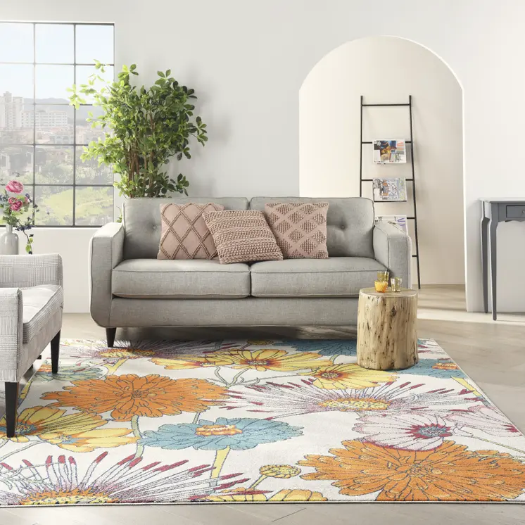 8' X 10' Ivory Blue and Orange Floral Power Loom Area Rug