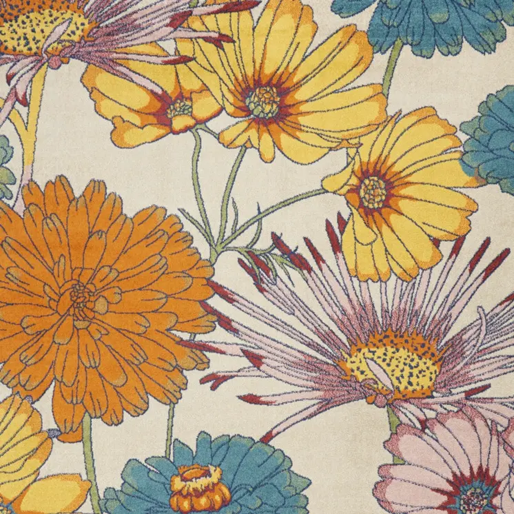 8' X 10' Ivory Blue and Orange Floral Power Loom Area Rug