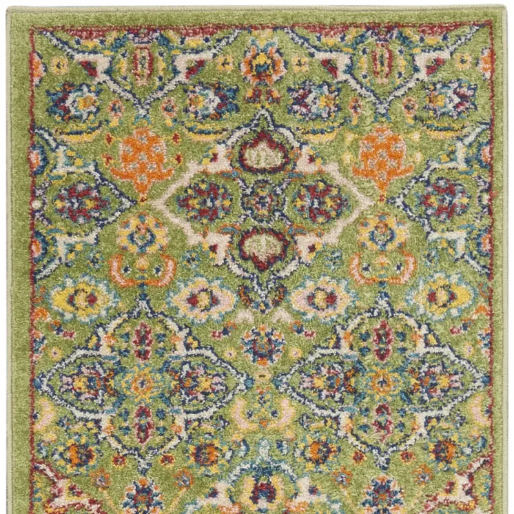 10' Green And Red Floral Runner Rug