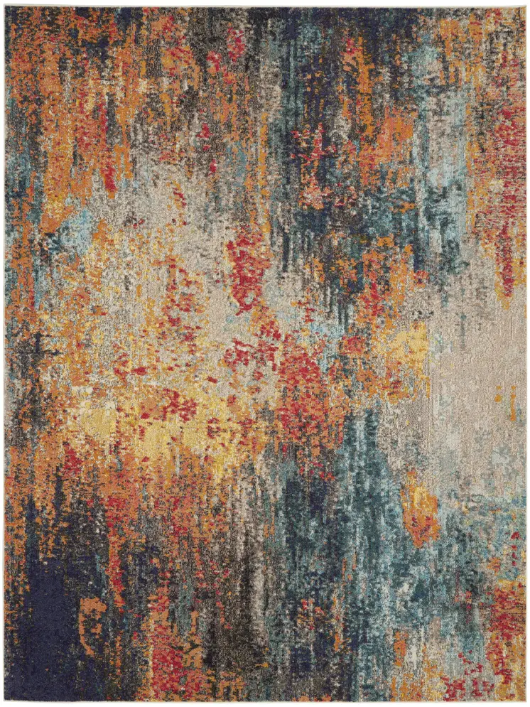 7' X 10' Blue Ivory and Orange Abstract Non Skid Area Rug