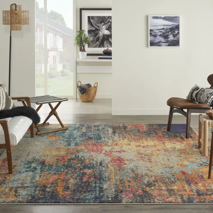 7' X 10' Blue Ivory and Orange Abstract Non Skid Area Rug