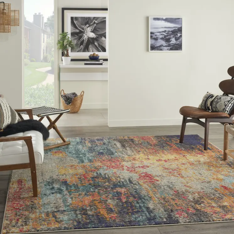 7' X 10' Blue Ivory and Orange Abstract Non Skid Area Rug