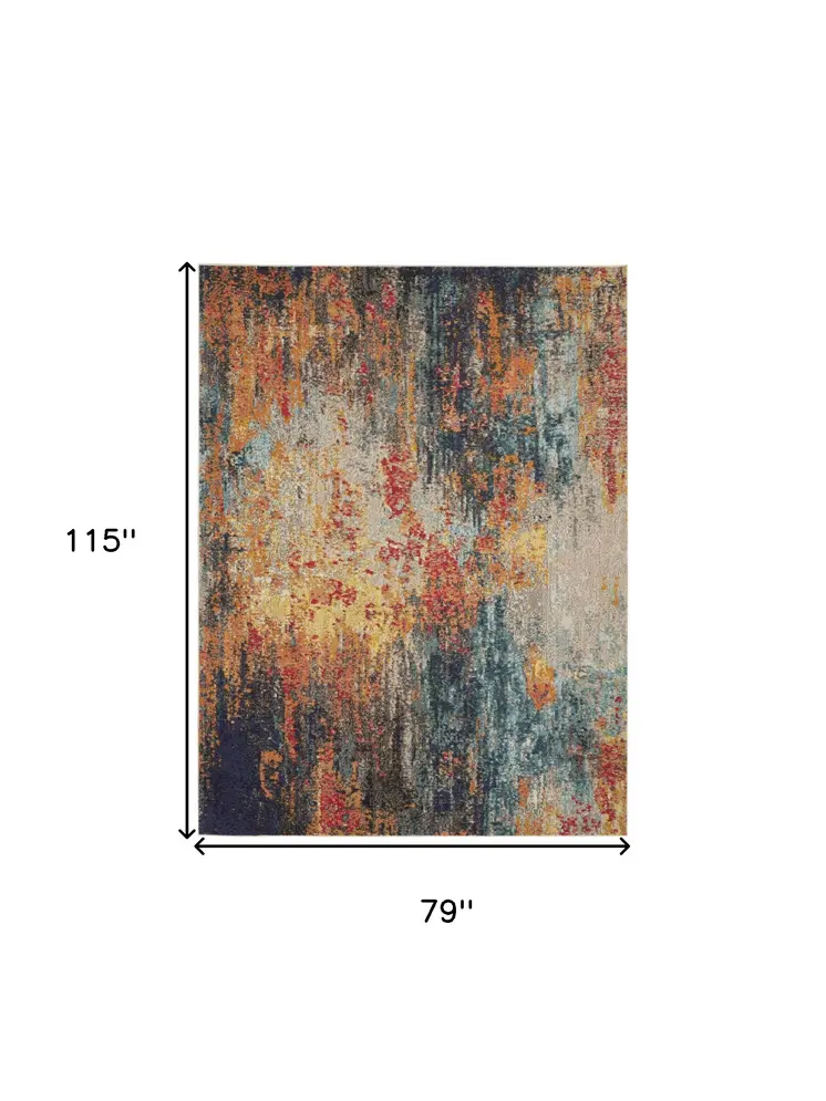 7' X 10' Blue Ivory and Orange Abstract Non Skid Area Rug
