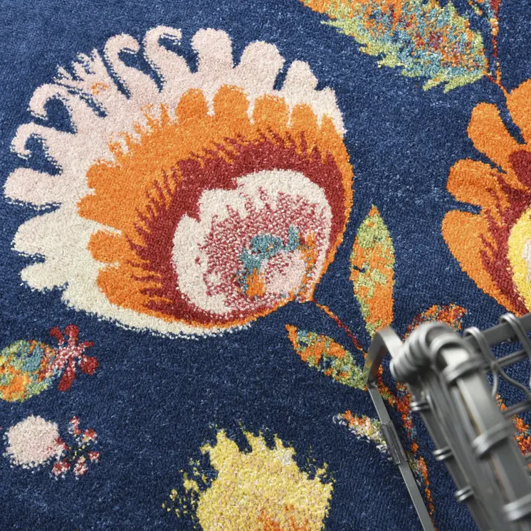 8' X 10' Navy Blue Floral Power Loom Area Rug