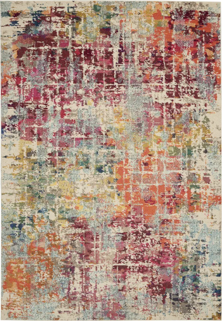 7' X 10' Ivory Red and Pink Abstract Distressed Non Skid Area Rug