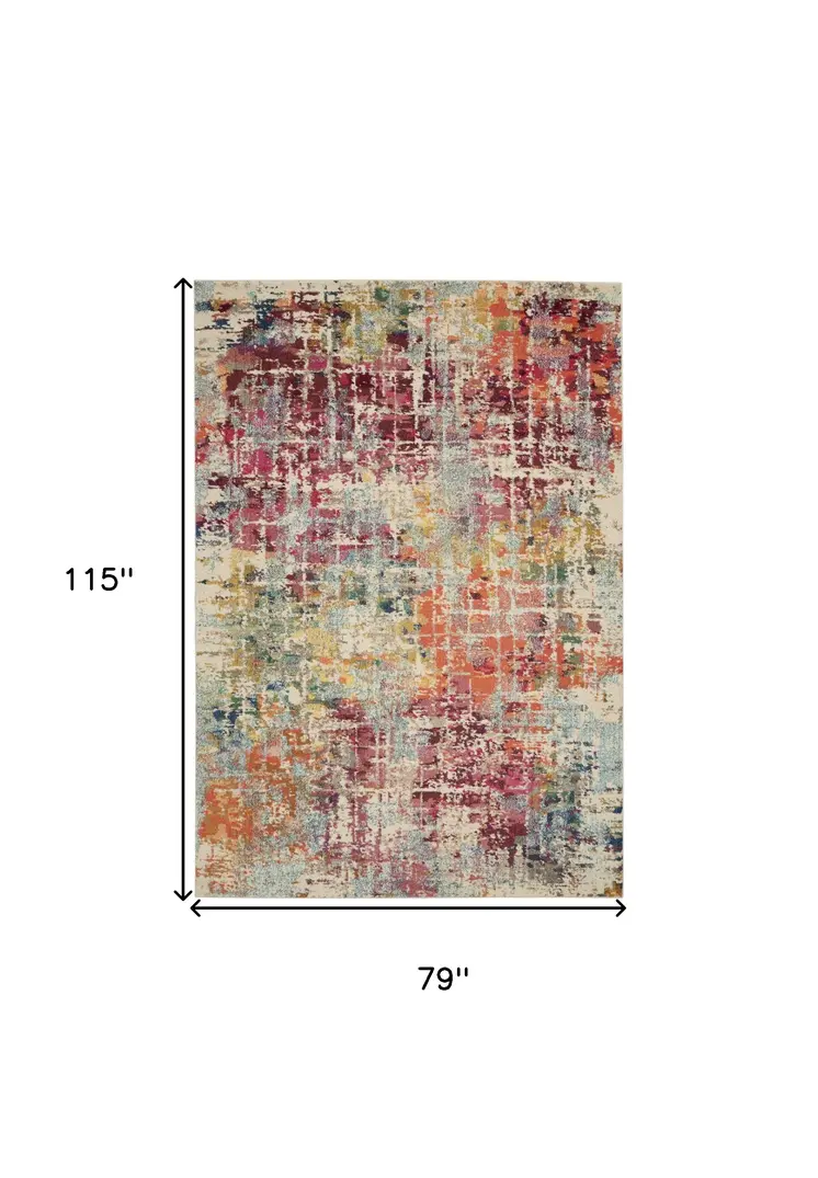 7' X 10' Ivory Red and Pink Abstract Distressed Non Skid Area Rug