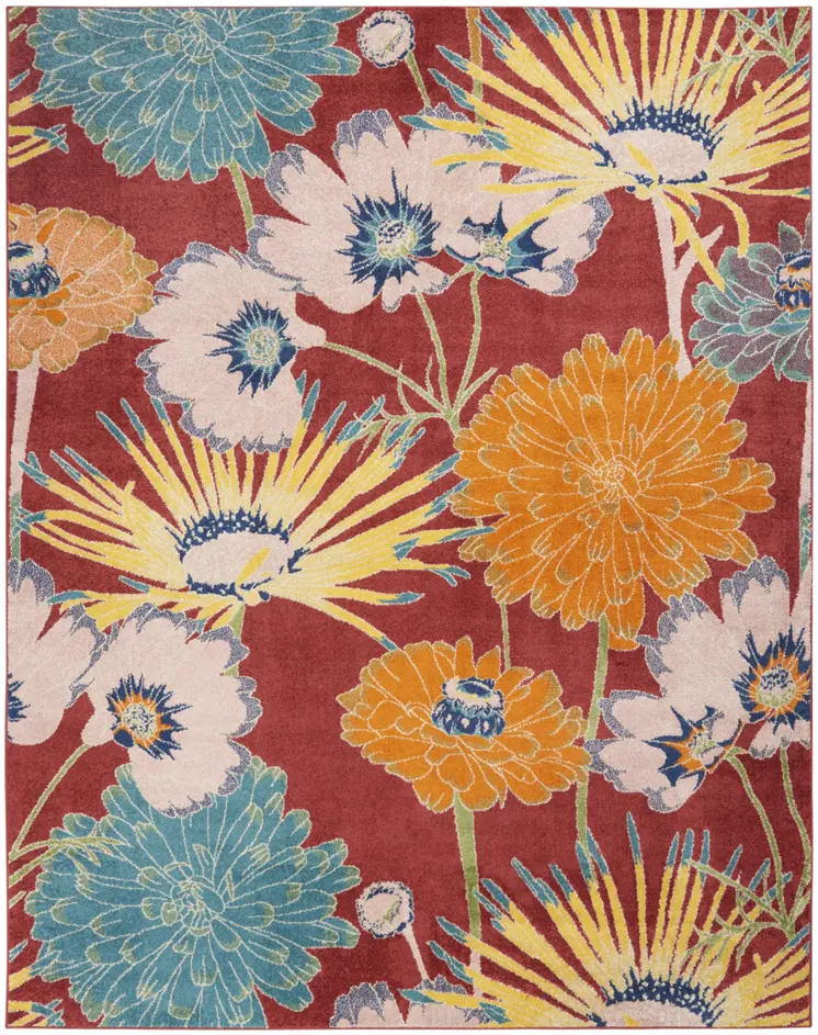 8' X 10' Orange and Red Tropical Floral Power Loom Area Rug