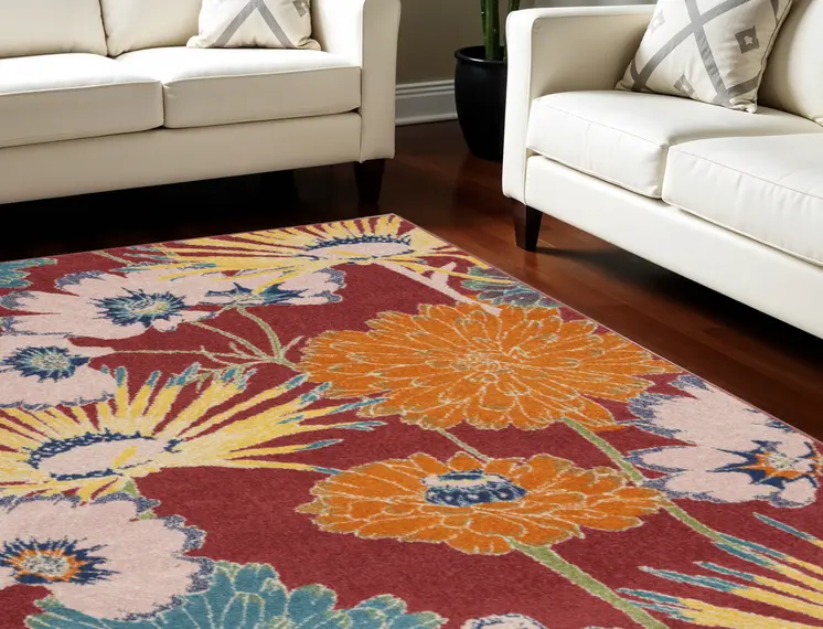 8' X 10' Orange and Red Tropical Floral Power Loom Area Rug