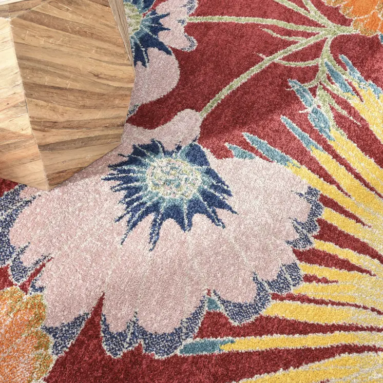 8' X 10' Orange and Red Tropical Floral Power Loom Area Rug