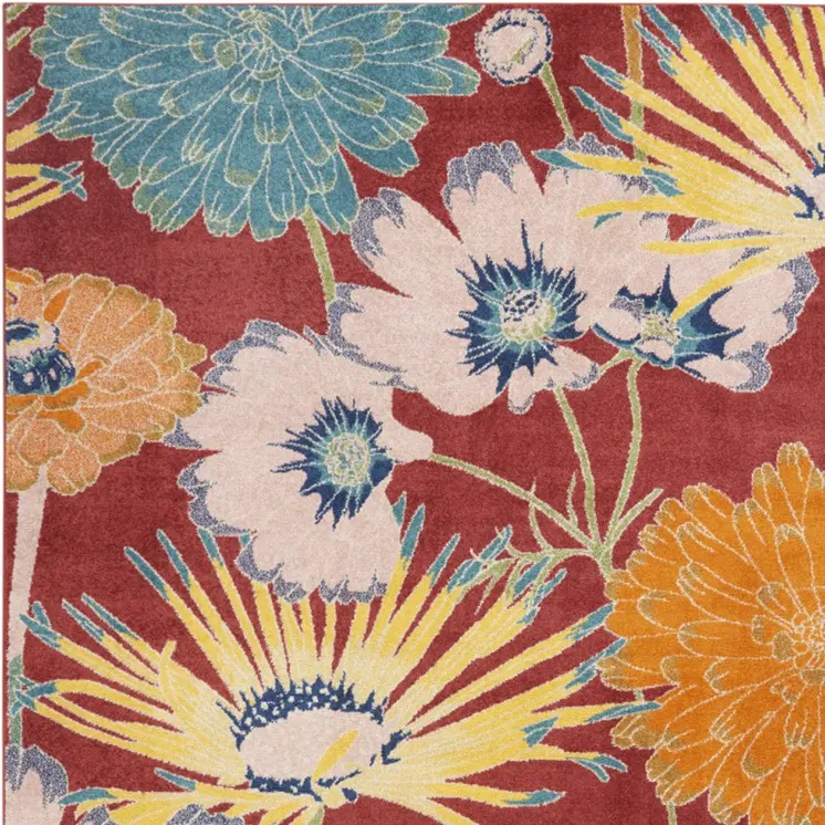 8' X 10' Orange and Red Tropical Floral Power Loom Area Rug