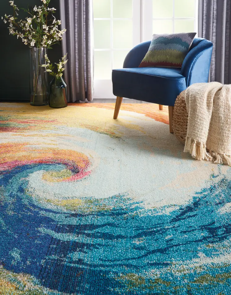 7' X 10' Ivory Blue and Orange Abstract Non Skid Area Rug