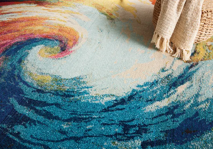 7' X 10' Ivory Blue and Orange Abstract Non Skid Area Rug