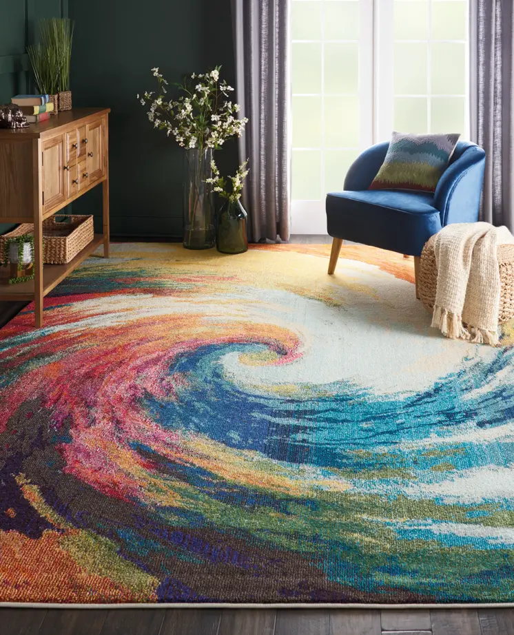 7' X 10' Ivory Blue and Orange Abstract Non Skid Area Rug