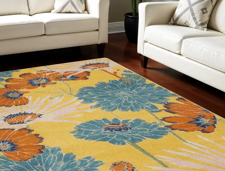 8' X 10' Yellow Tropical Floral Power Loom Area Rug