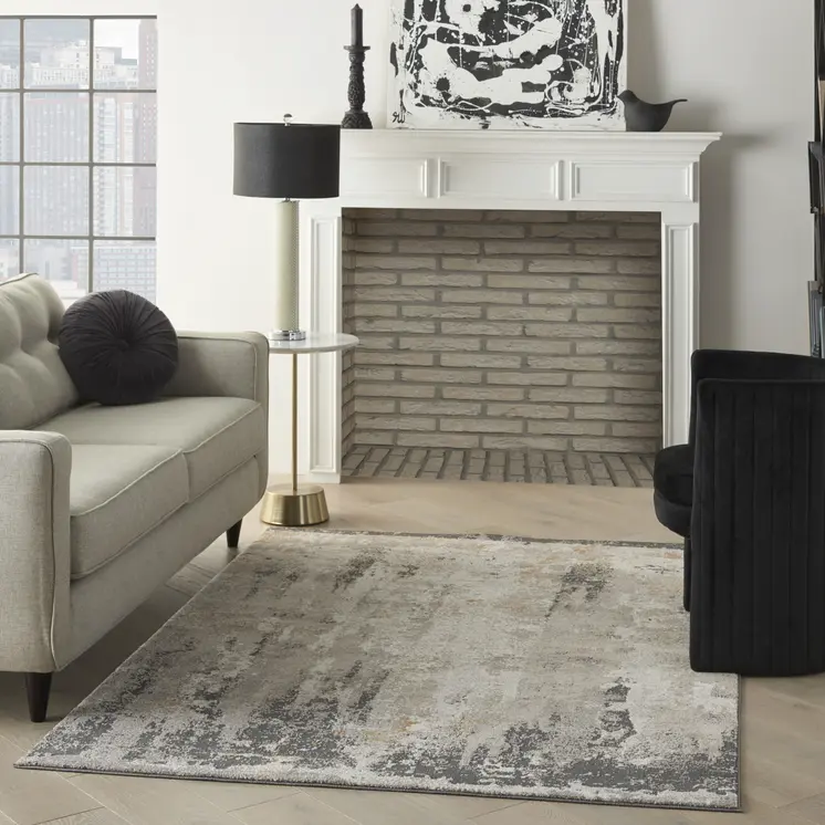 5' X 7' Cream Black and Gray Abstract Area Rug