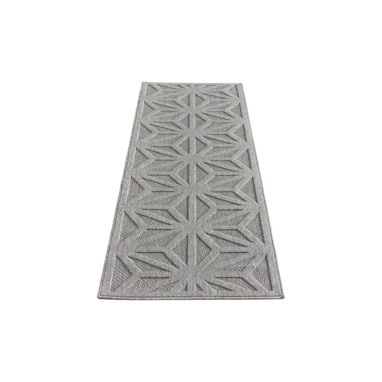 10' Light Gray And Gray Geometric Indoor Outdoor Runner Rug