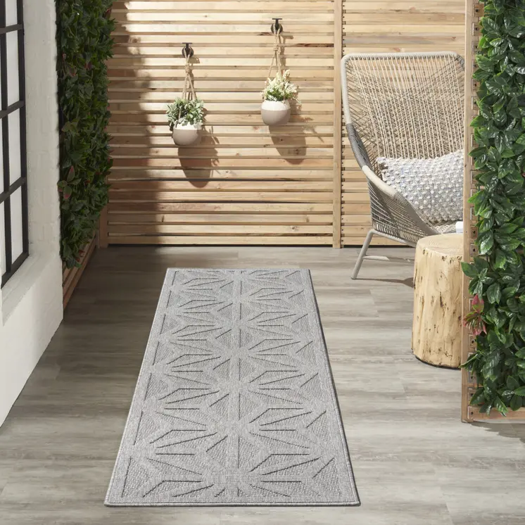 10' Light Gray And Gray Geometric Indoor Outdoor Runner Rug