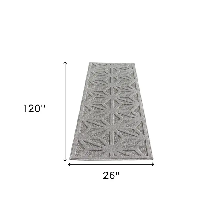 10' Light Gray And Gray Geometric Indoor Outdoor Runner Rug