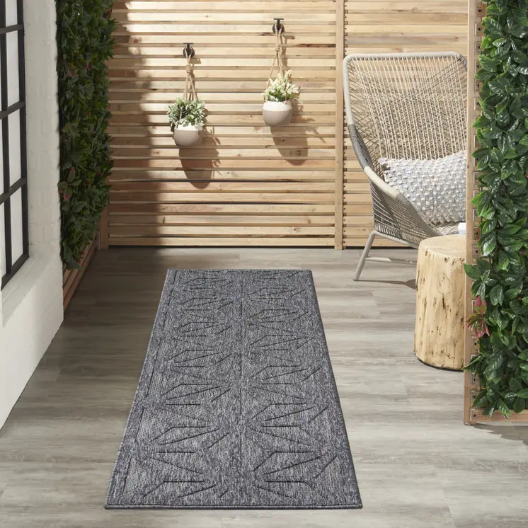 10' Dark Gray And Light Gray Geometric Indoor Outdoor Runner Rug