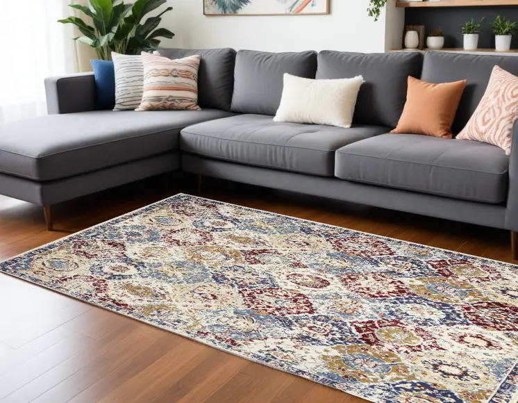 9' X 12' Blue Red and Orange Floral Distressed Non Skid Area Rug