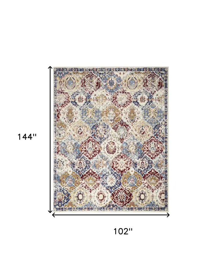 9' X 12' Blue Red and Orange Floral Distressed Non Skid Area Rug