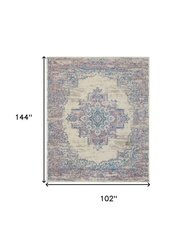 9' X 12' Ivory and Blue Floral Medallion Distressed Non Skid Area Rug