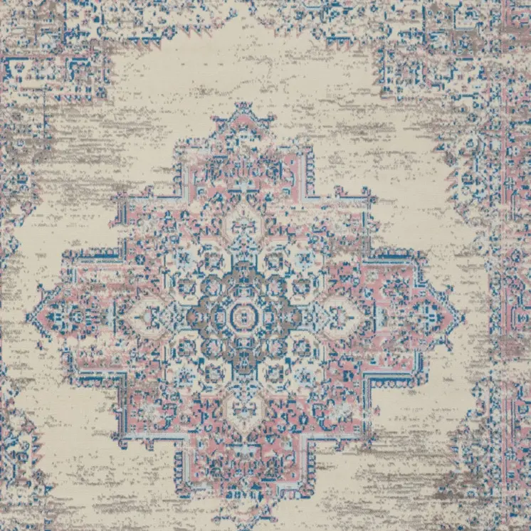9' X 12' Ivory and Blue Floral Medallion Distressed Non Skid Area Rug