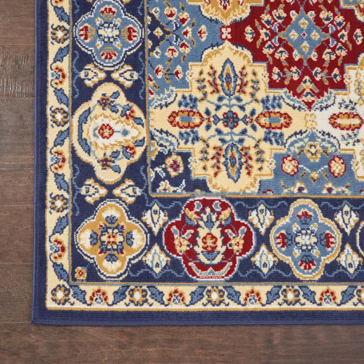 9' X 12' Blue Red and Orange Floral Distressed Non Skid Area Rug